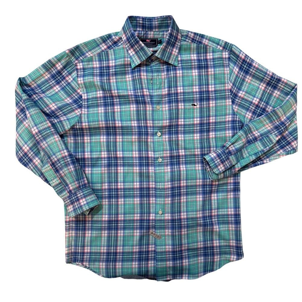 Vineyard Vines Performance Classic Fit Tucker Shirt Mens Large Green Blue Plaid